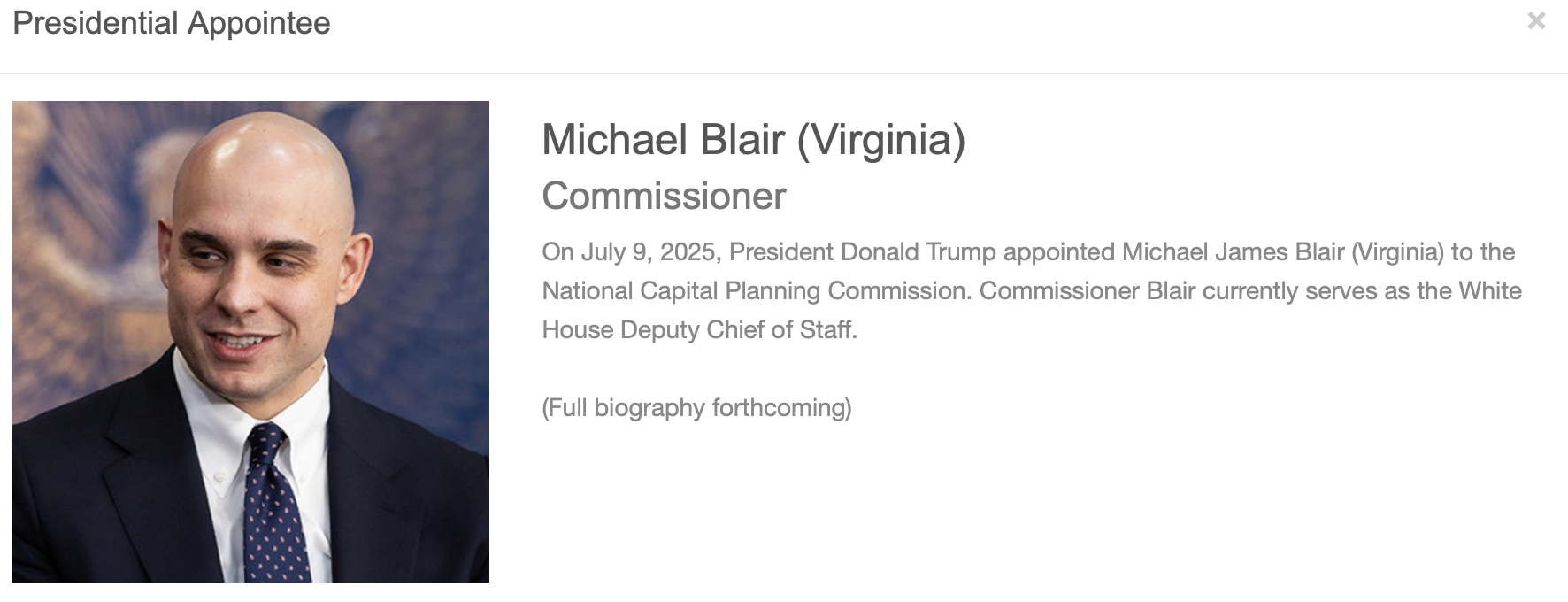 NCPC Presidential Appointee card — Michael Blair (Virginia), Commissioner. Serves as the White House Deputy Chief of Staff.