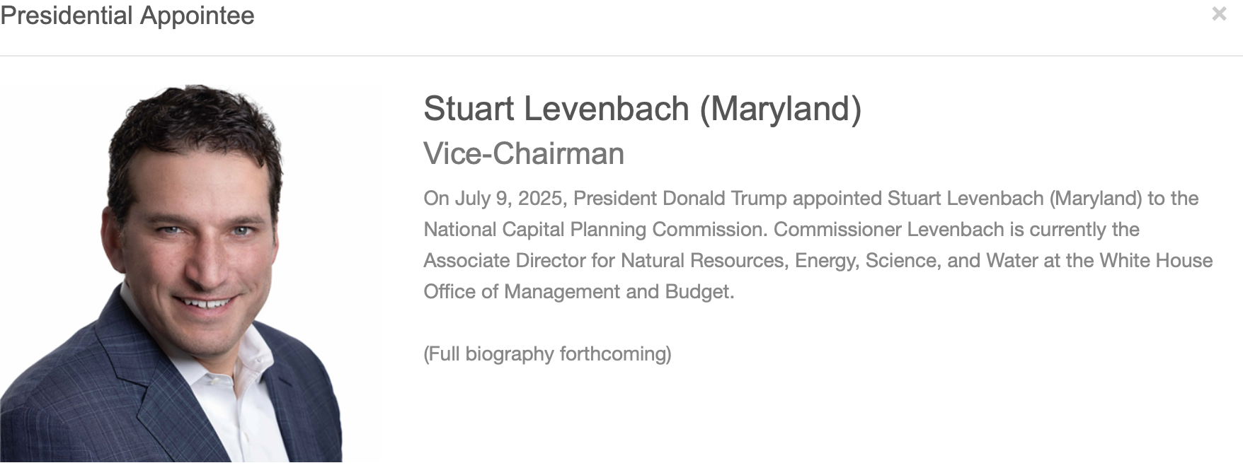NCPC Presidential Appointee card — Stuart Levenbach (Maryland), Vice-Chairman. Associate Director for Natural Resources, Energy, Science, and Water at the White House Office of Management and Budget.